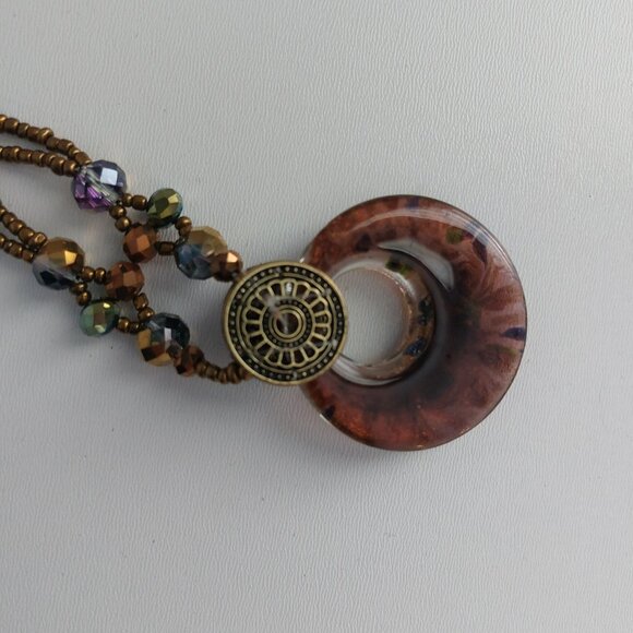Boho Artisan Glass Pendant Necklace Bronze Beaded Statement Jewelry Maximalism - Picture 4 of 11